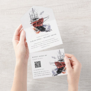 Invitation Tout En Un Code QR de mariage à l'aquarelle pour yacht de voi