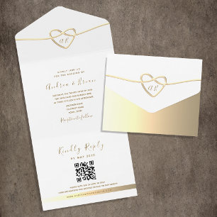 Invitation Tout En Un Code QR de mariage à monogramme doré simple et élé
