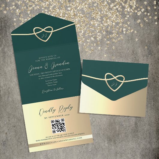 Invitation Tout En Un Code QR de mariage à monogramme vert émeraude