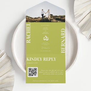 Invitation Tout En Un Code QR de mariage à typographie verte et blanche