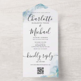 Invitation Tout En Un Code QR de mariage abstrait aquarelle bleue