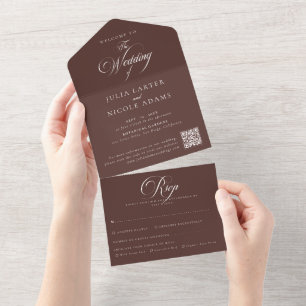 Invitation Tout En Un Code QR de mariage calligraphié marron ivoire clas