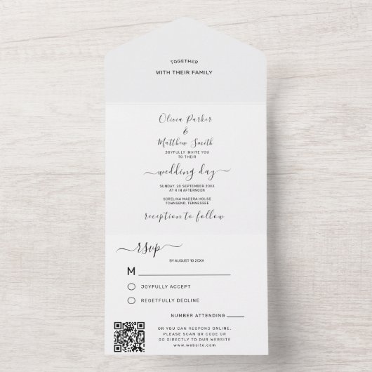 Invitation Tout En Un Code QR de Mariage classique blanc minimal RSVP (À l'intérieur)