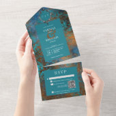 Invitation Tout En Un Code QR de mariage damassé sarcelle doré gothique (Déchirure)
