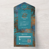 Invitation Tout En Un Code QR de mariage damassé sarcelle doré gothique (À l'intérieur)