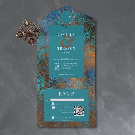Invitation Tout En Un Code QR de mariage damassé sarcelle doré gothique