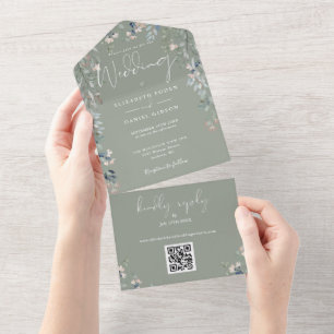 Invitation Tout En Un Code QR de mariage de verdure florale vert sauge é