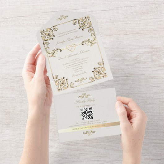 Invitation Tout En Un Code QR de mariage doré baroque (Déchirure)