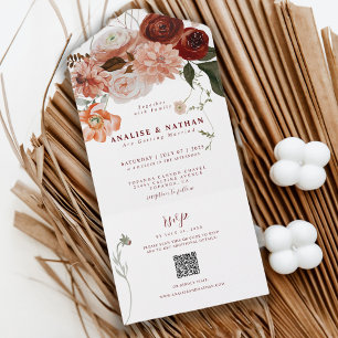 Invitation Tout En Un Code QR de mariage floral boho Bourgogne