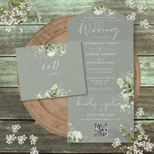 Invitation Tout En Un Code QR de mariage formel vert sauge floral