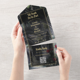 Invitation Tout En Un Code QR de mariage gothique ruines jusqu'à la mort