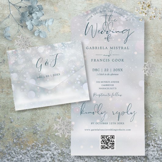 Invitation Tout En Un Code QR de Mariage Hivernal sur un Mariage enneigé