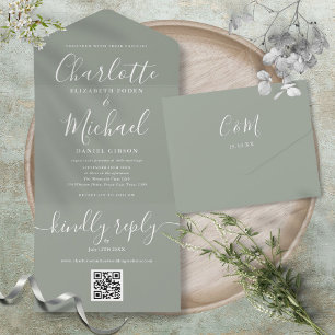 Invitation Tout En Un Code QR de mariage minimaliste de couleur vert sau