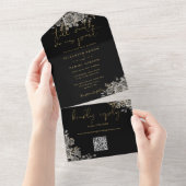 Invitation Tout En Un Code QR de mariage noir gothique et roses dorées (Déchirure)