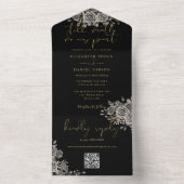 Invitation Tout En Un Code QR de mariage noir gothique et roses dorées (À l'intérieur)