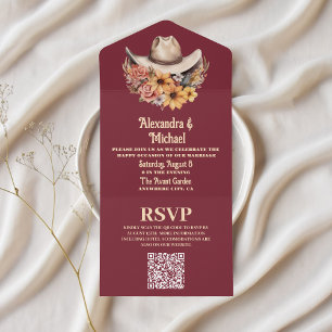 Invitation Tout En Un Code QR de mariage occidental boho floral