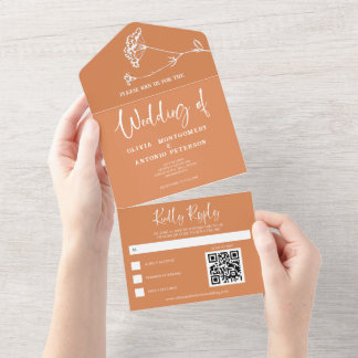 Invitation Tout En Un Code QR de mariage orange simple minimaliste moder