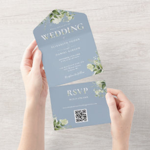 Invitation Tout En Un Code QR de mariage Rustique Bleu Poussiéreux avec