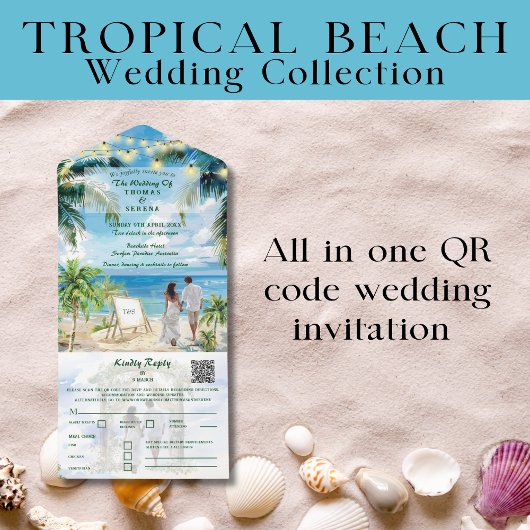 Invitation Tout En Un Code QR de mariage sur la plage tropicale Aqua