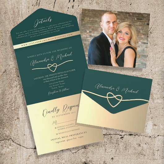 Invitation Tout En Un Code QR de mariage Vert Émeraude et Or