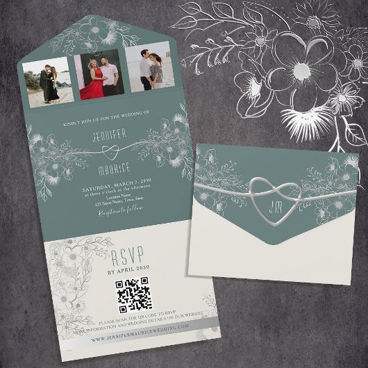 Invitation Tout En Un Code QR de mariage vert sauge moderne