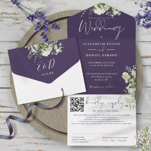 Invitation Tout En Un Code QR de monogramme de mariage Purple Greenery