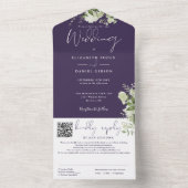 Invitation Tout En Un Code QR de monogramme de mariage Purple Greenery (À l'intérieur)
