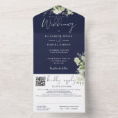 Invitation Tout En Un Code QR de monogramme de verdure bleu marine pour (À l'intérieur)