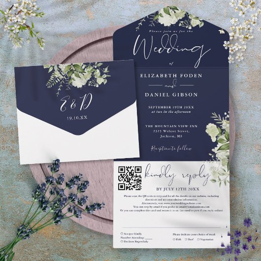 Invitation Tout En Un Code QR de monogramme de verdure bleu marine pour
