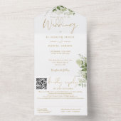 Invitation Tout En Un Code QR de monogramme de verdure dorée pour mariag (À l'intérieur)