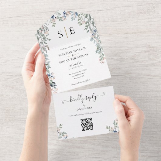 Invitation Tout En Un Code QR de monogramme de verdure florale Mariage (Déchirure)
