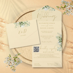 Invitation Tout En Un Code QR de monogramme de verdure jaune de bouton d