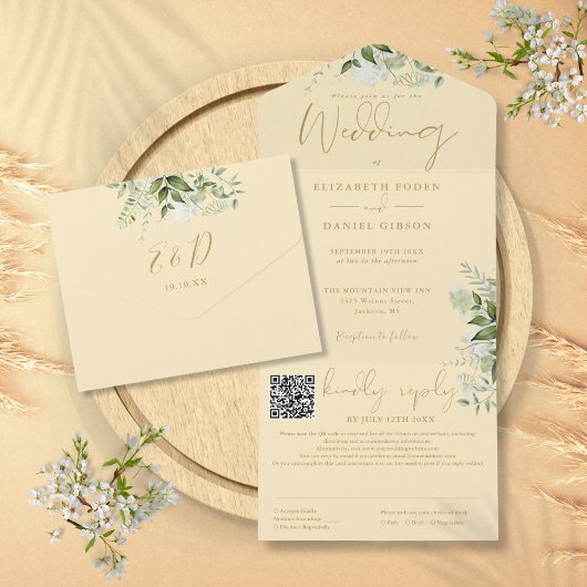 Invitation Tout En Un Code QR de monogramme de verdure jaune de bouton d