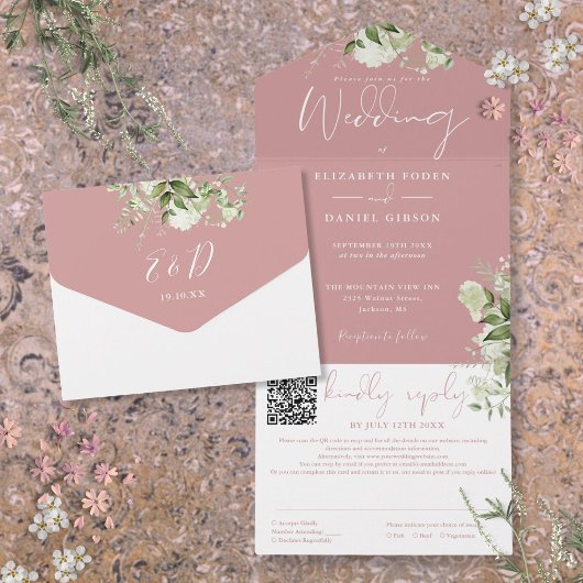 Invitation Tout En Un Code QR de monogramme de verdure Rose Poussiéreuse
