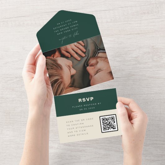 Invitation Tout En Un Code QR de réponse simple de mariage vert émeraude (Déchirure)