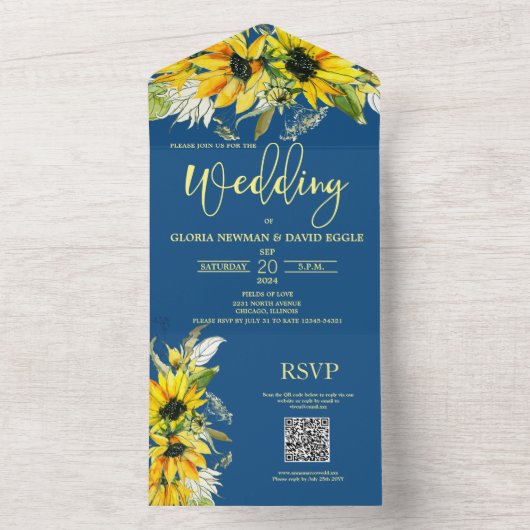Invitation Tout En Un Code QR de tournesol bleu classique (À l'intérieur)