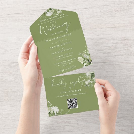 Invitation Tout En Un Code QR de verdure florale verte de mousse Mariage (Déchirure)