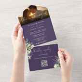 Invitation Tout En Un Code QR de verdure florale violette pour photo de (Déchirure)