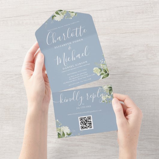 Invitation Tout En Un Code QR de verdure Script Bleu Poussiéreux Mariage (Déchirure)