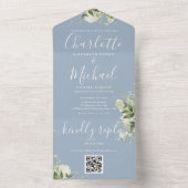 Invitation Tout En Un Code QR de verdure Script Bleu Poussiéreux Mariage (À l'intérieur)