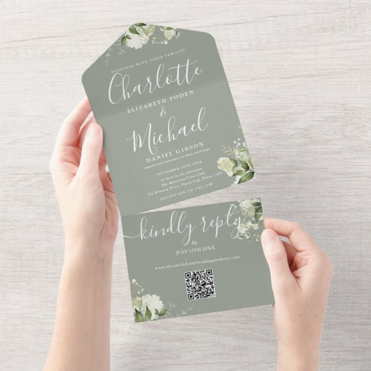Invitation Tout En Un Code QR de verdure Script Mariage Vert Sauge (Déchirure)