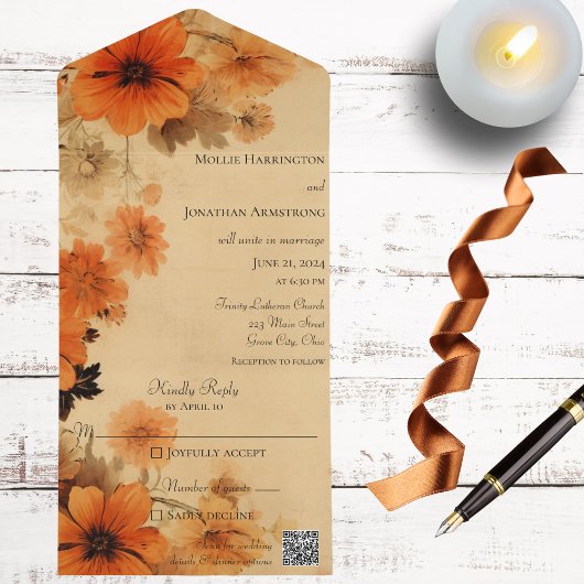 Invitation Tout En Un Code QR des fleurs d'automne