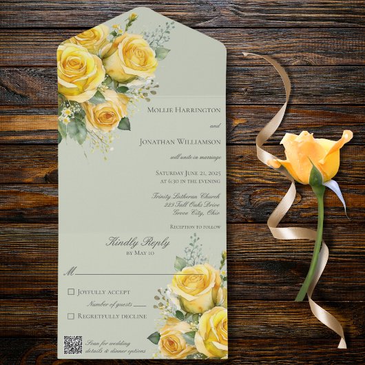 Invitation Tout En Un Code QR des roses jaunes