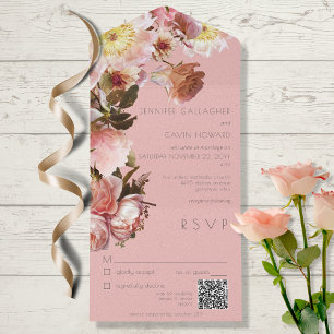 Invitation Tout En Un Code QR des Roses vintage rose