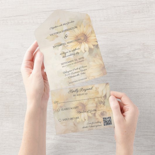 Invitation Tout En Un Code QR des tournesols dorés rustiques (Déchirure)