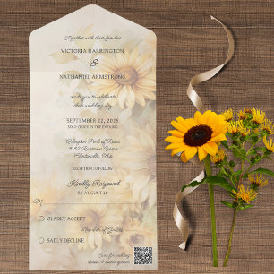 Invitation Tout En Un Code QR des tournesols dorés rustiques
