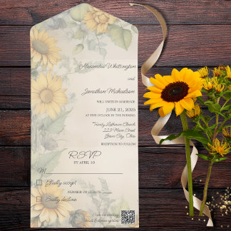 Invitation Tout En Un Code QR des tournesols rustiques