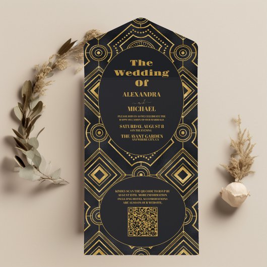 Invitation Tout En Un Code QR Diamant Noir et Or Art Déco Mariage