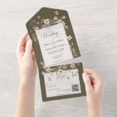 Invitation Tout En Un Code QR du cadre de Fleur sauvage vert rustique (Déchirure)