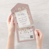Invitation Tout En Un Code QR du cadre Fleur sauvage rose rustique (Déchirure)